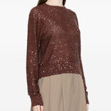 Maglione girocollo con paillettes in marrone Brunello cucinelli - donna 