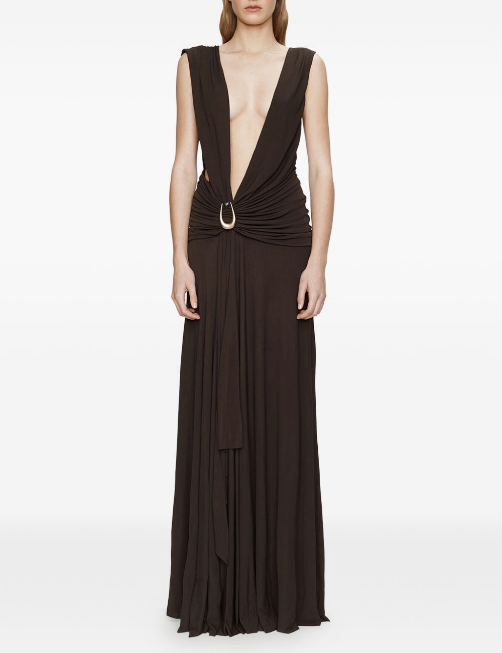 Abito lungo con drappeggio e spilla in marrone Christopher esber - donna 