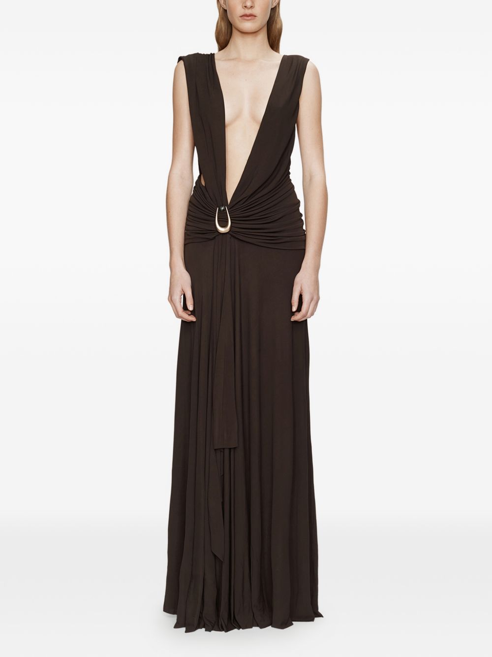 Abito lungo con drappeggio e spilla in marrone Christopher esber - donna 