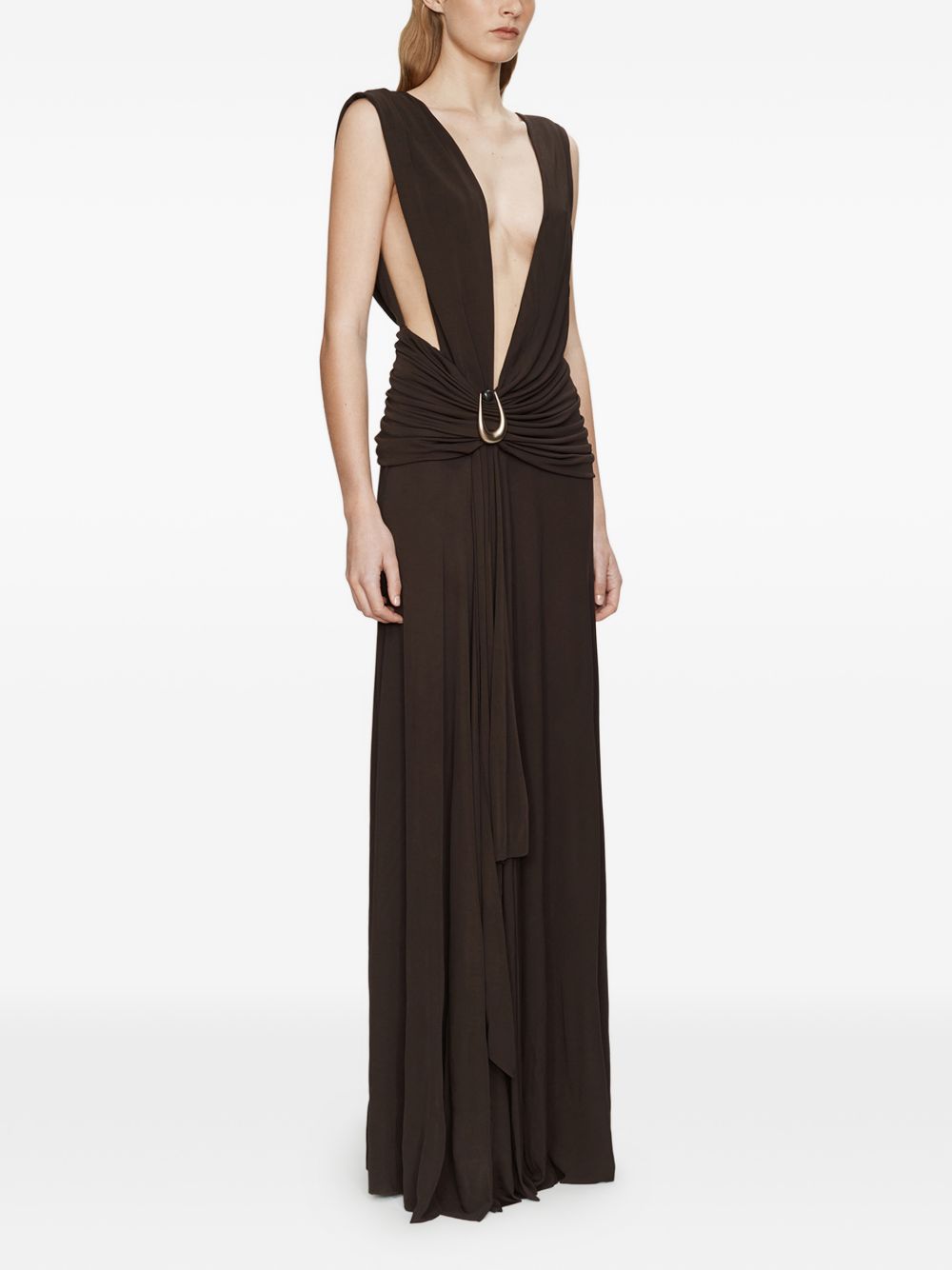 Abito lungo con drappeggio e spilla in marrone Christopher esber - donna 