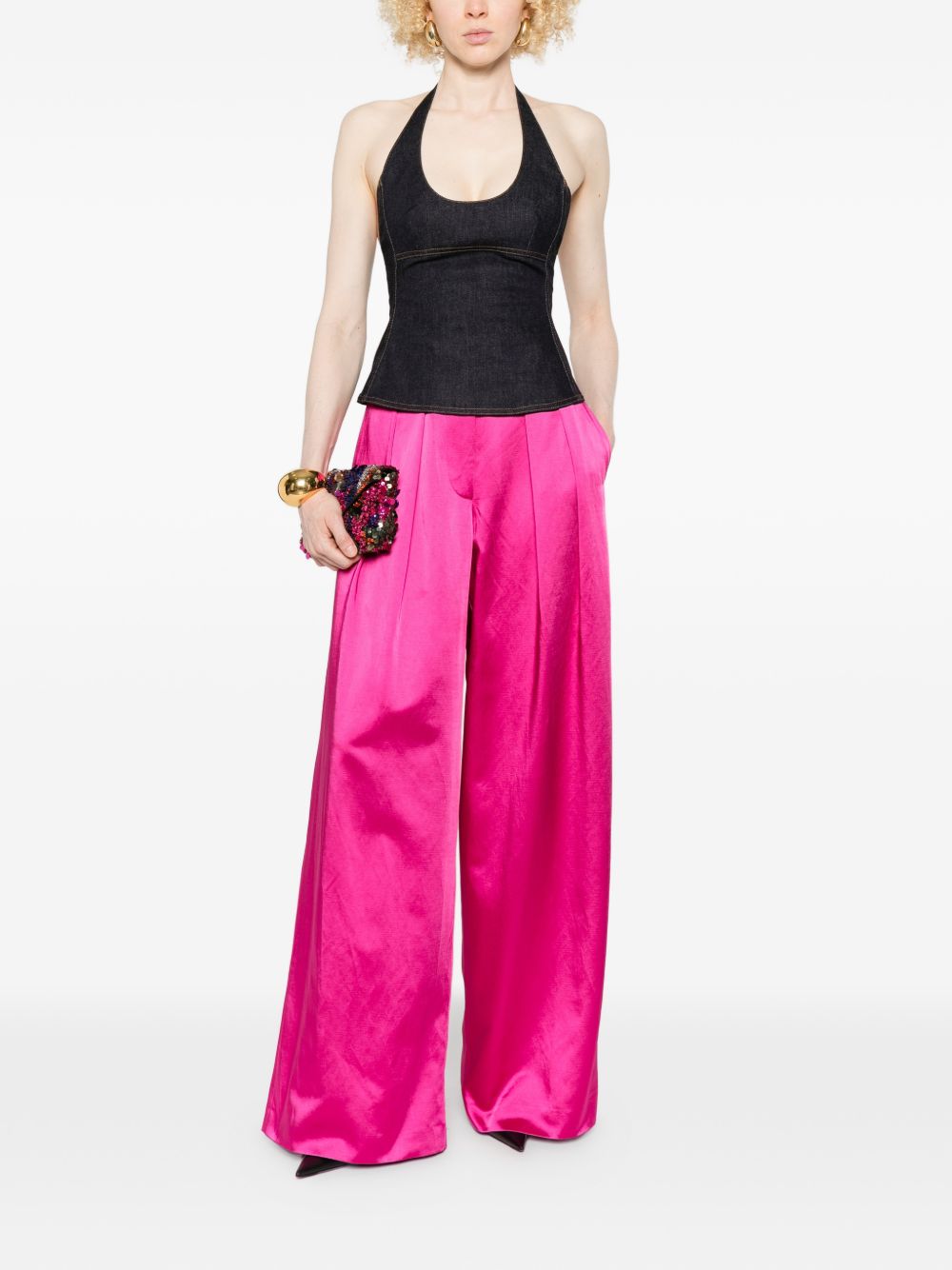 Pantaloni a gamba larga con design satinato pamploma in rosa Dries van noten - donna 