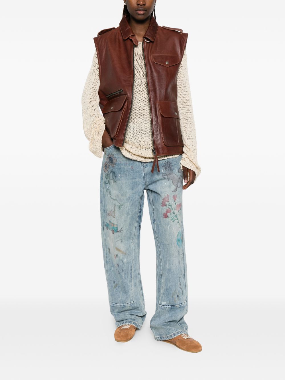 Gilet di pelle con tasche in marrone Found - unisex 
