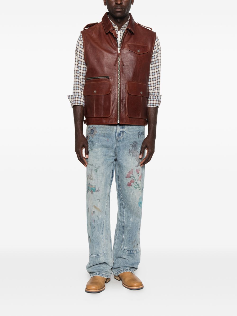 Gilet di pelle con tasche in marrone Found - unisex 