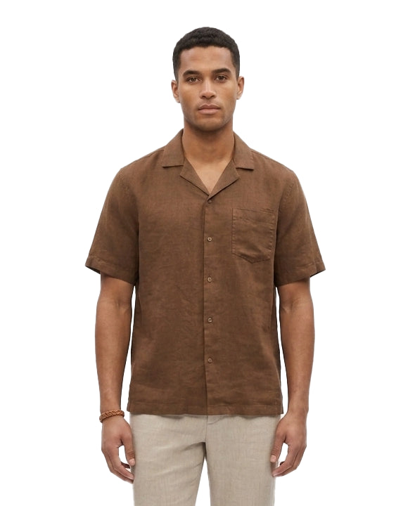 Camicia a maniche corte in lino in marrone 