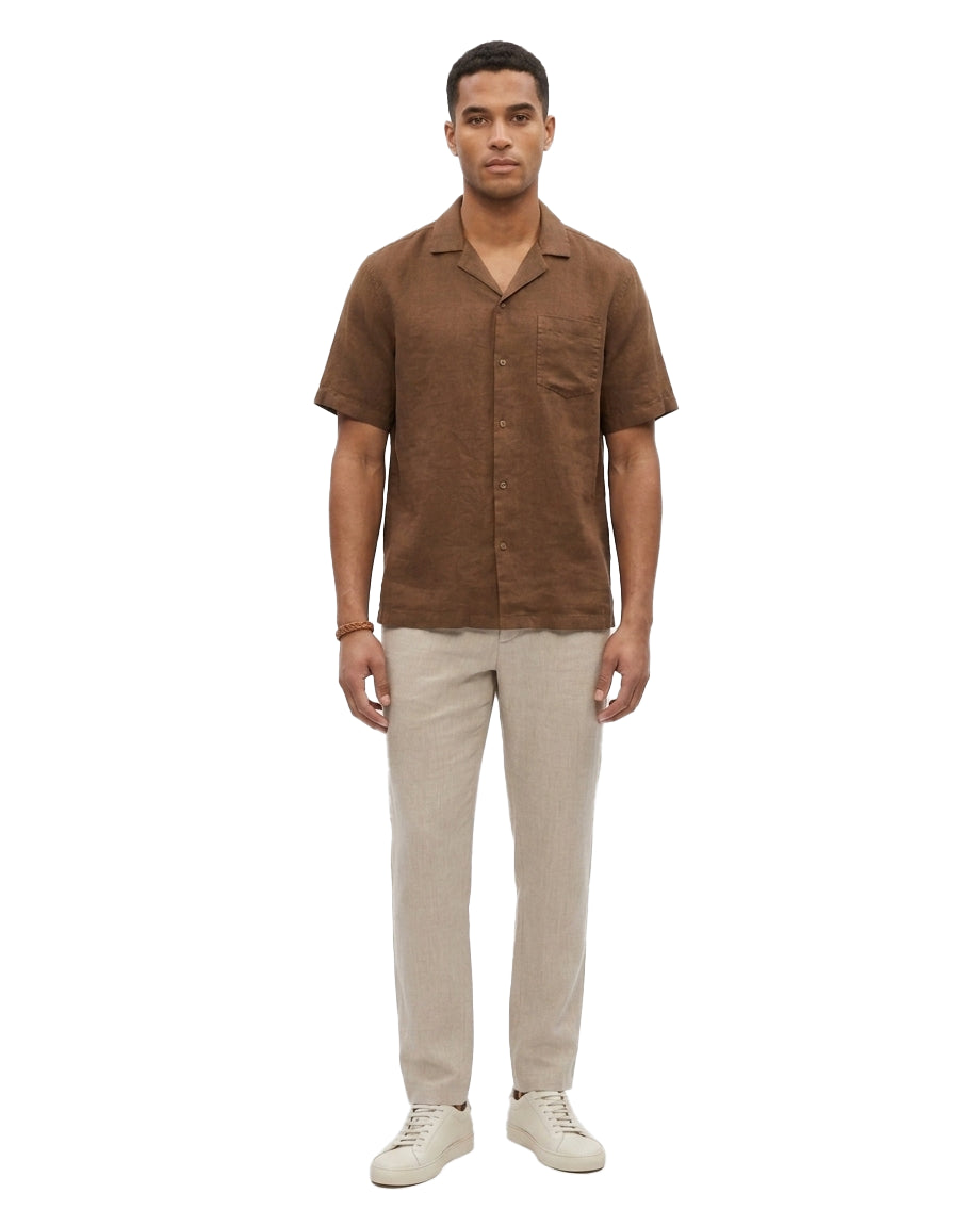 Camicia a maniche corte in lino in marrone 