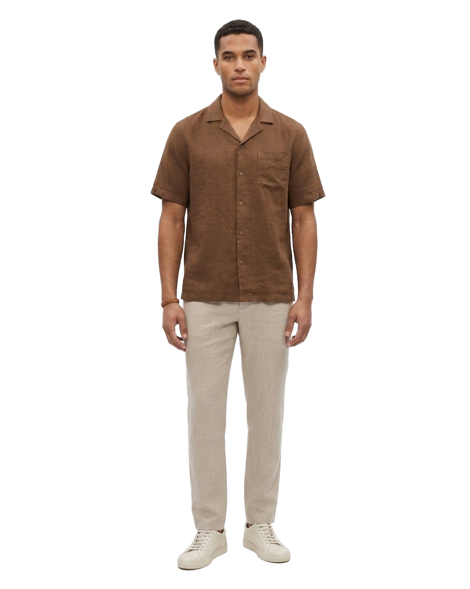Camicia a maniche corte in lino in marrone 