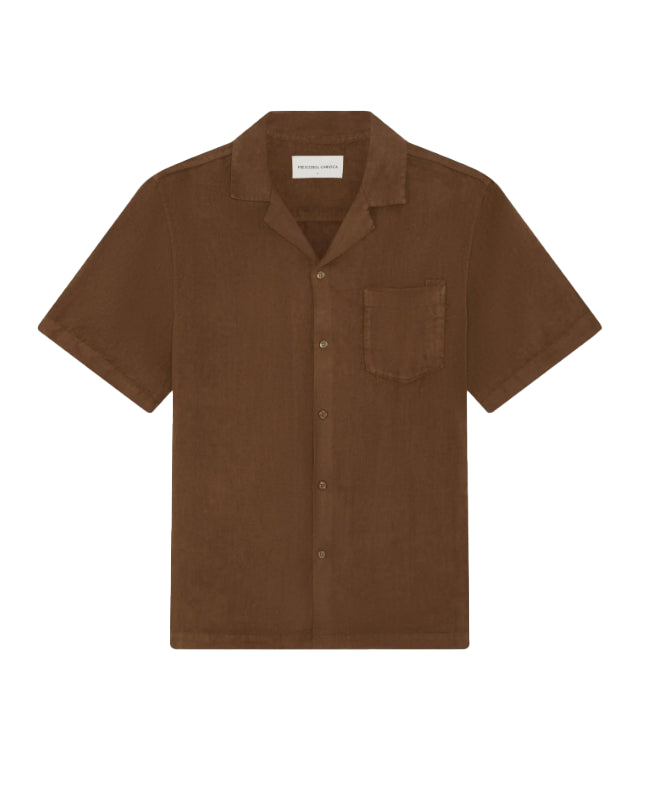 Camicia a maniche corte in lino in marrone 