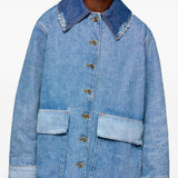 Giacca denim con design patchwork con tasche in blu 