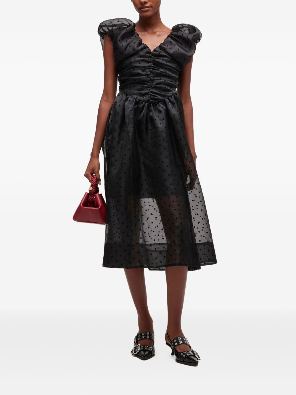 Abito corto a pois con ruches in nero Ganni - donna 