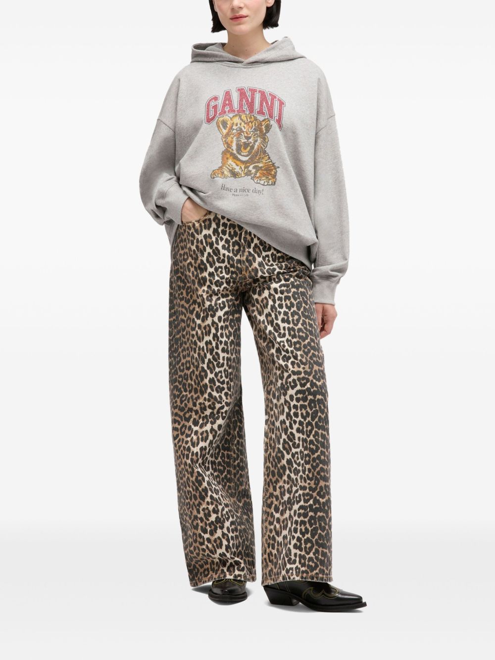 Felpa con stampa Tiger e cappuccio in grigio Ganni - donna 