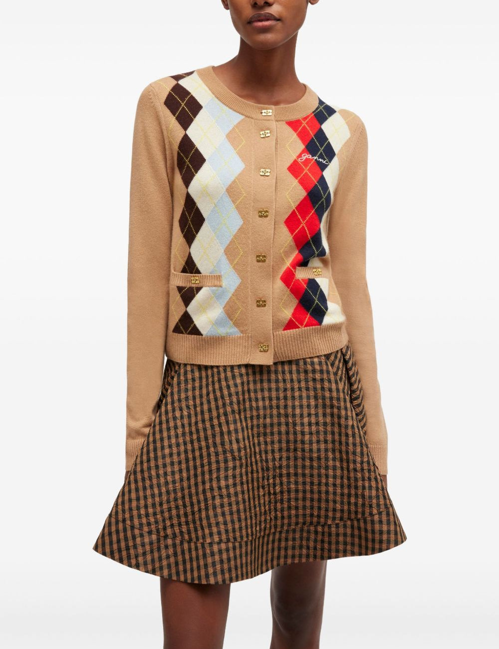 Cardigan a rombi con bottoni in marrone Ganni - donna 
