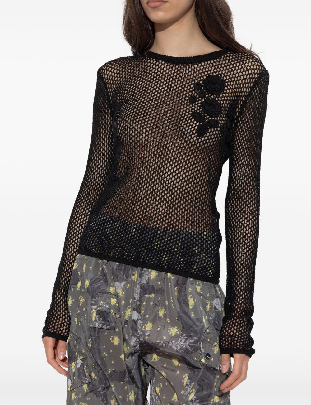 Top all'uncinetto con applicazioni a fiore in nero Ganni - donna 