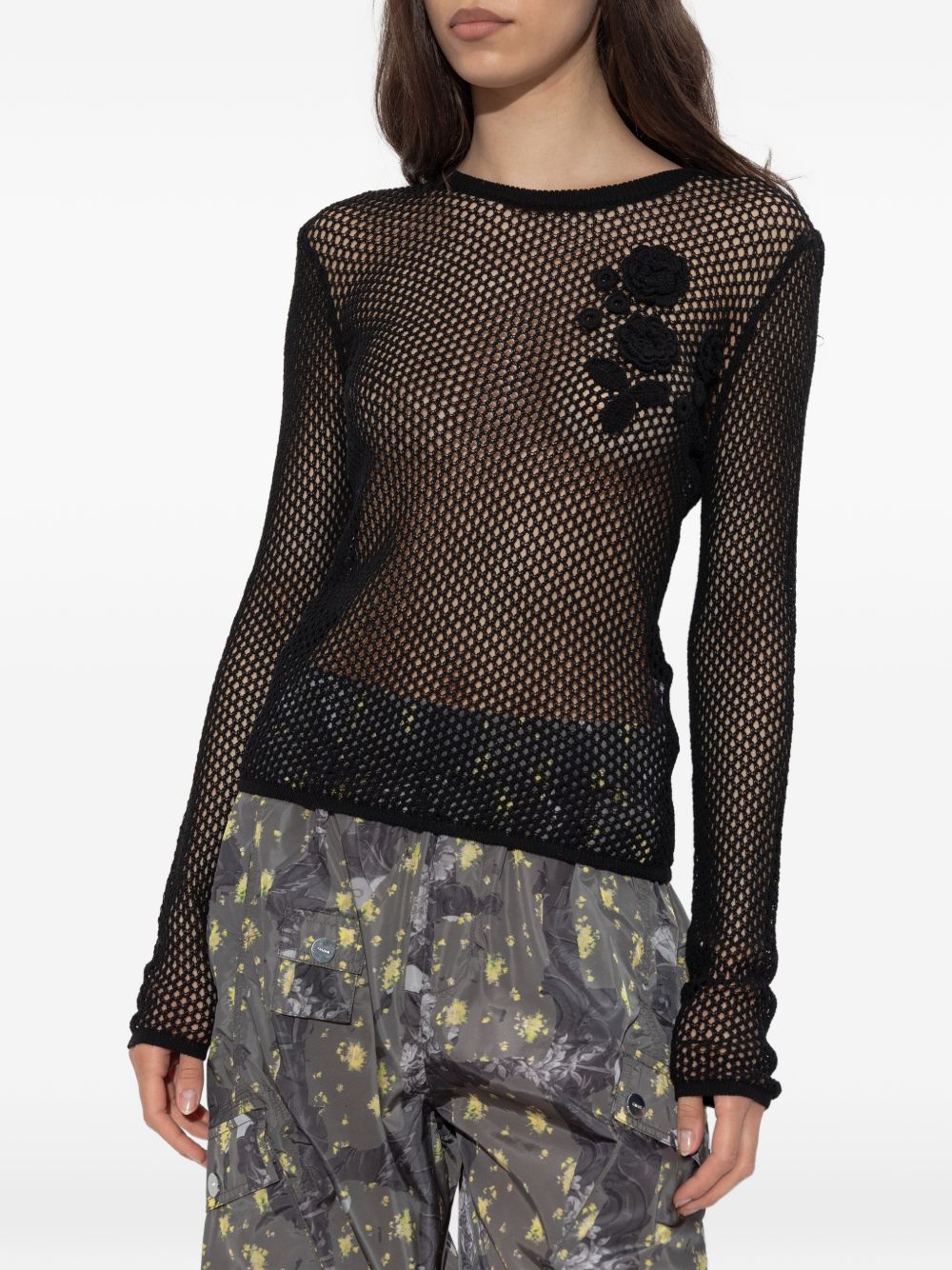 Top all'uncinetto con applicazioni a fiore in nero Ganni - donna 