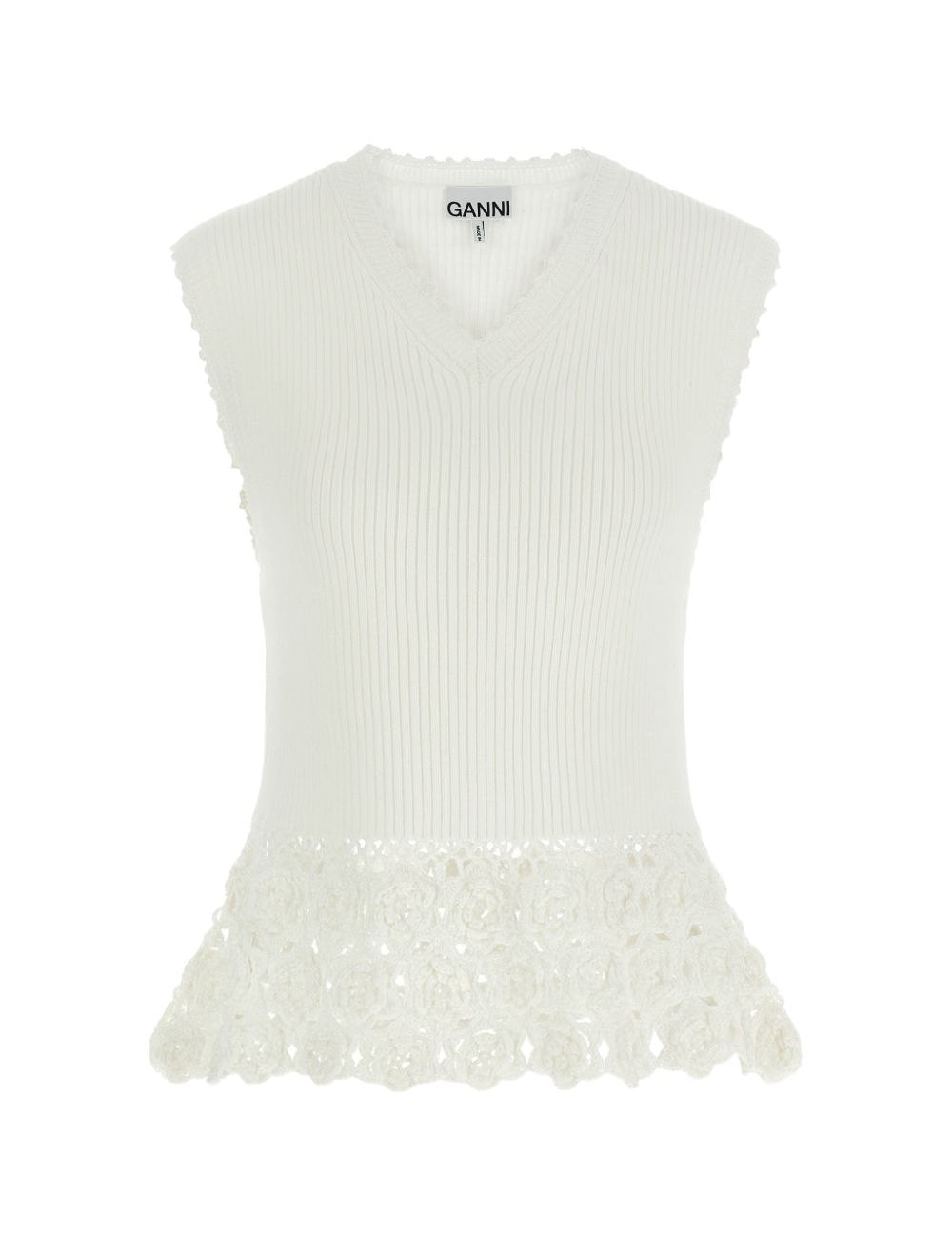 Top con scollo a V e dettaglio all'uncinetto in bianco Ganni - donna 