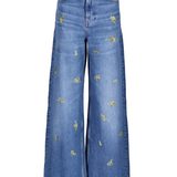 Jeans lari con ricamo floreale in blu 