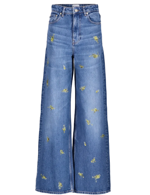 Jeans lari con ricamo floreale in blu 