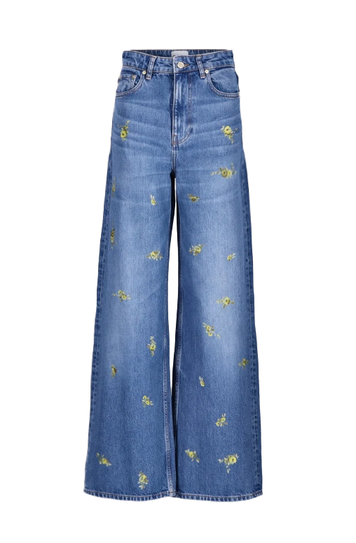 Jeans lari con ricamo floreale in blu 