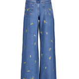 Jeans lari con ricamo floreale in blu 