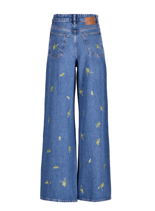 Jeans lari con ricamo floreale in blu 