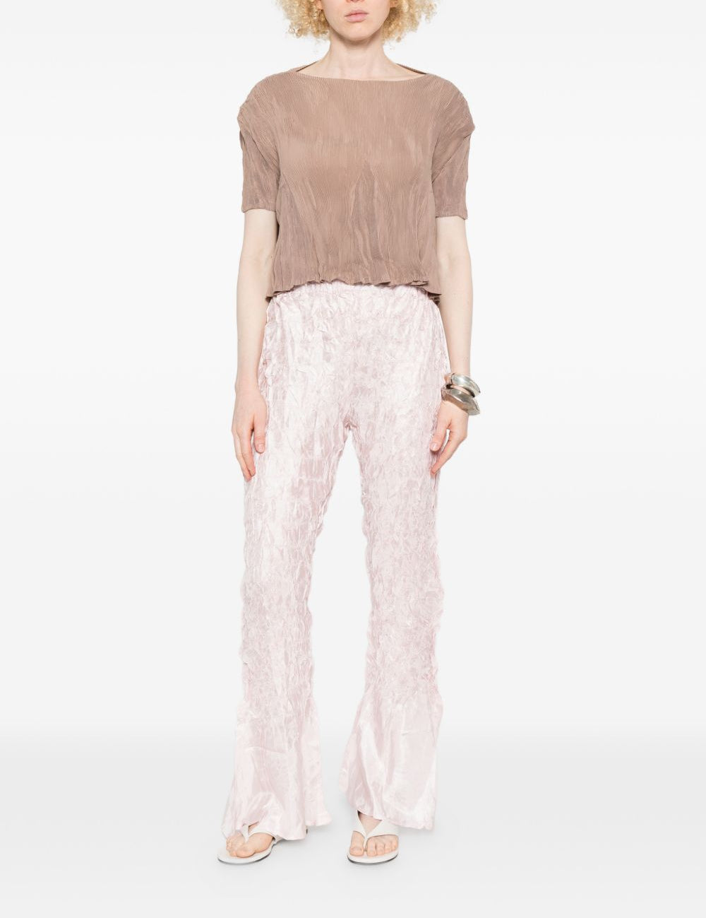 T-SHIRT a maniche corte plissettate in beige Gongdid design - donna 