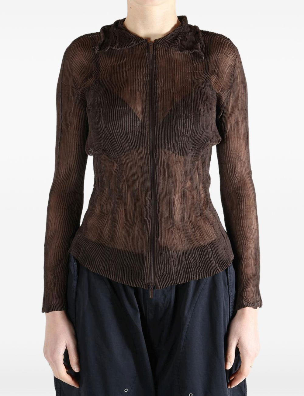 Top semi-trasparente con zip in marrone Issey miyake - donna 