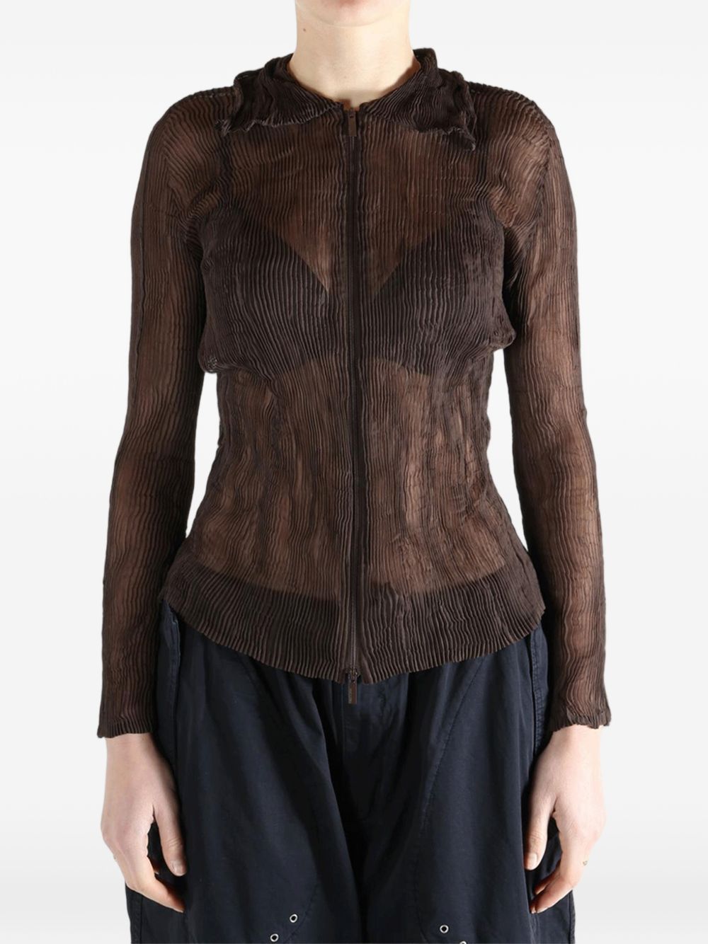 Top semi-trasparente con zip in marrone Issey miyake - donna 