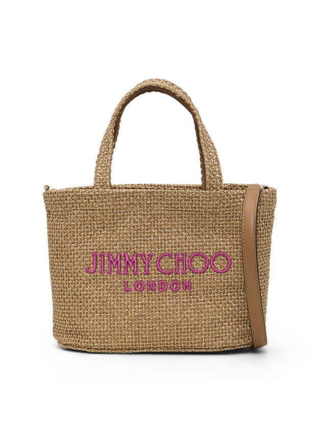 Brsa in raffia con logo ricamato in beige 
