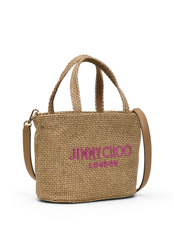 Brsa in raffia con logo ricamato in beige 