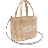 Borsa in raffia con logo ricamato in beige 