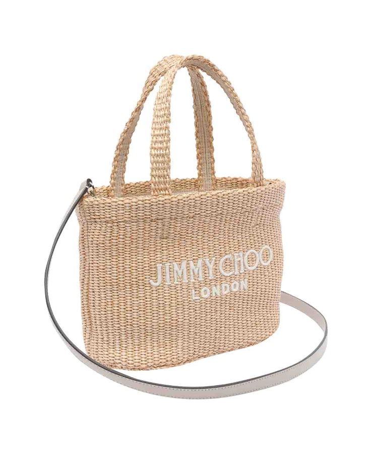 Borsa in raffia con logo ricamato in beige 
