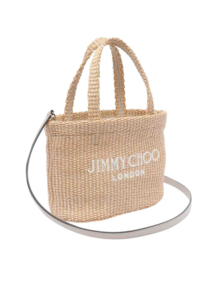 Borsa in raffia con logo ricamato in beige 