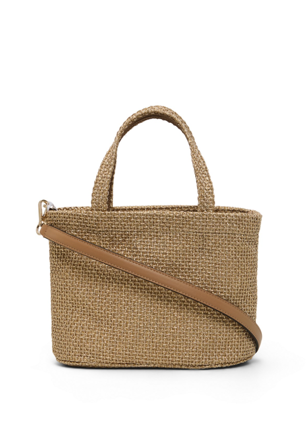 Brsa in raffia con logo ricamato in beige 