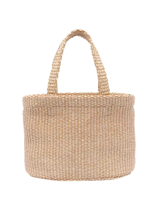 Borsa in raffia con logo ricamato in beige 
