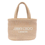 Borsa in raffia con logo ricamato in beige 