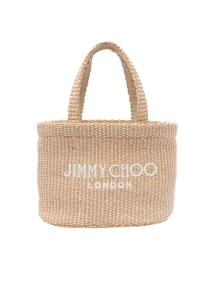 Borsa in raffia con logo ricamato in beige 
