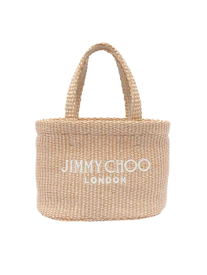 Borsa in raffia con logo ricamato in beige 