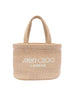 Raffia tote bag with embroidered logo in beige