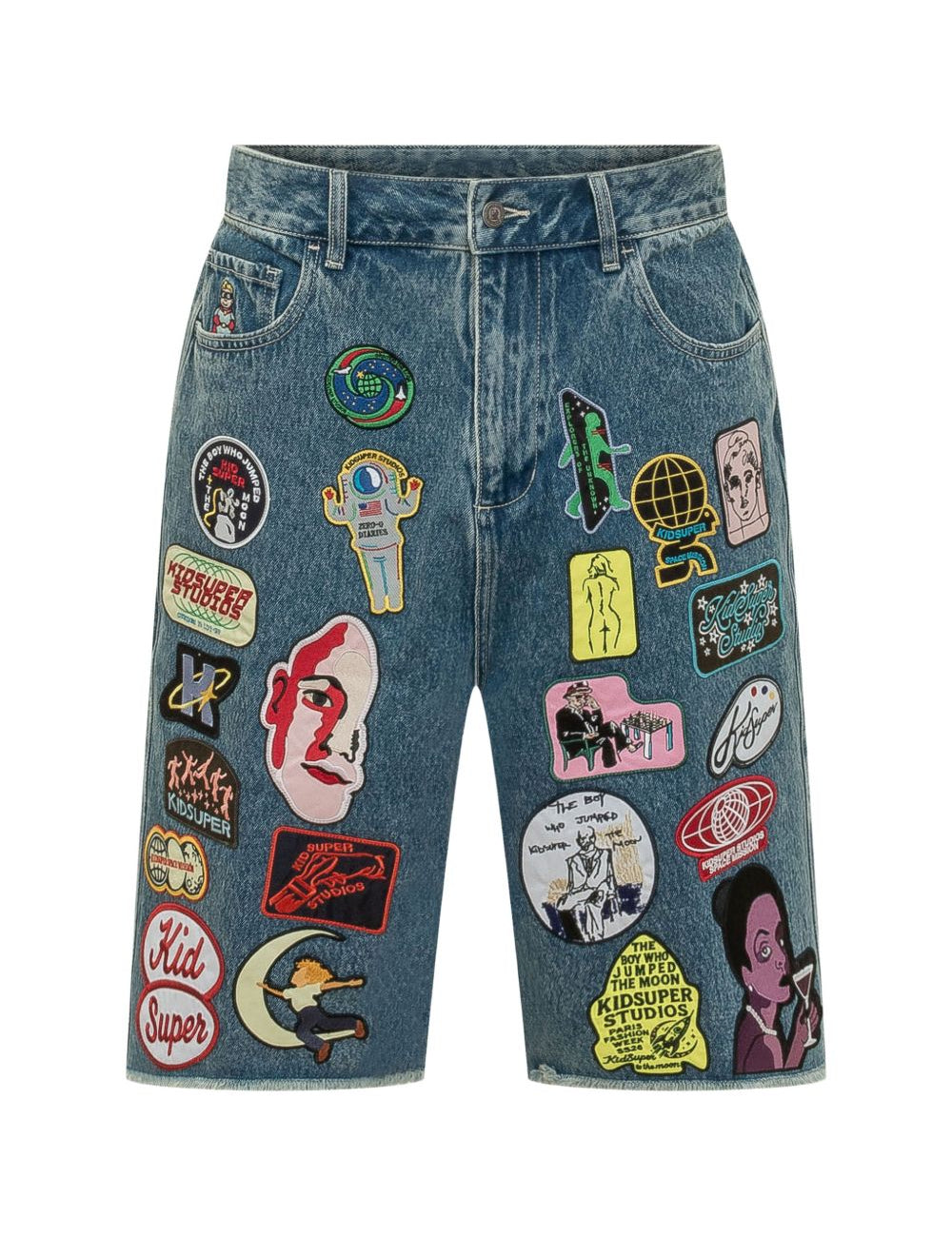 Shorts lunghi in denim con patch in blu Kidsuper - uomo 