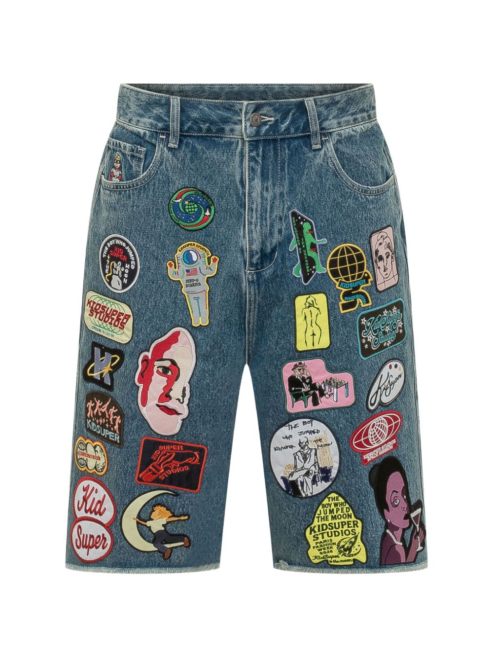 Shorts lunghi in denim con patch in blu Kidsuper - uomo 