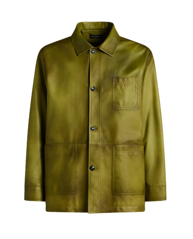 Giacca in pelle con bottoni frontali in verde 