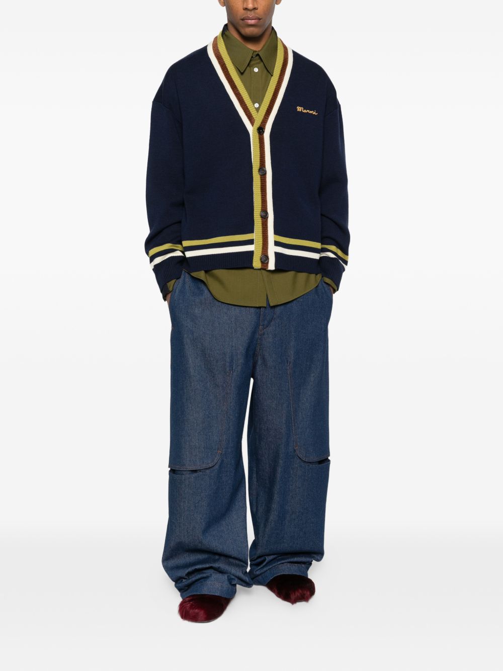 Cardigan a righe con ricamo in blu Marni - uomo 