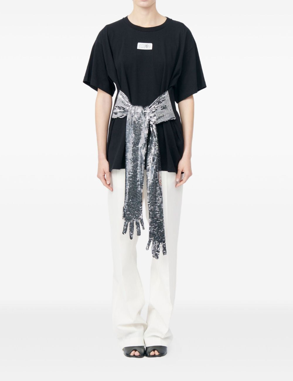 T-shirt con cintura a forma di guanti in paillettes in nero Mm6 maison margiela - donna 