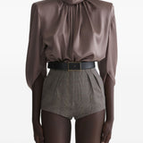 Blusa drappeggiata a collo alto in marrone Mugler - donna 