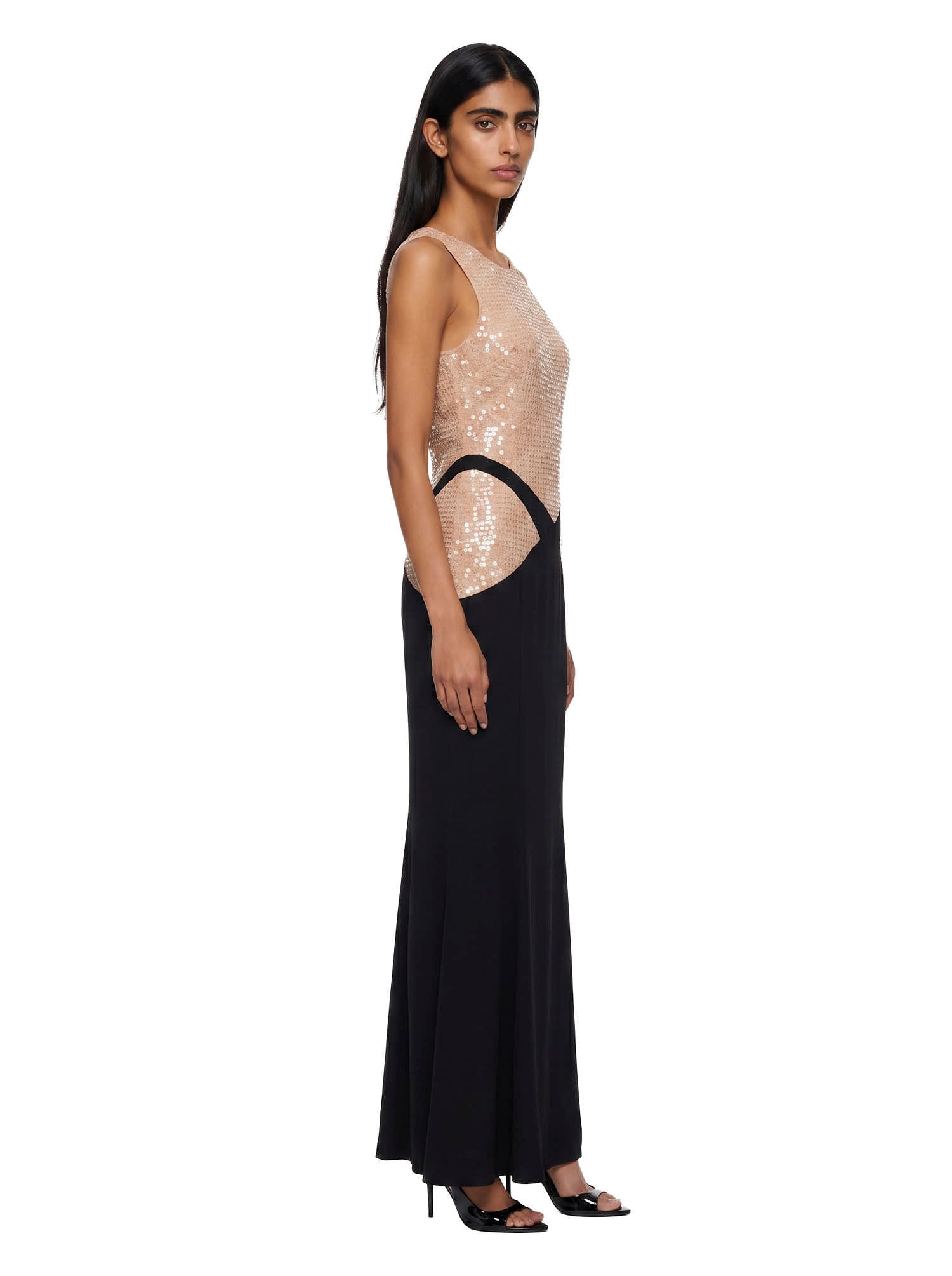 Abito maxi bicolore con paillettes in nero e beige Mugler - donna 