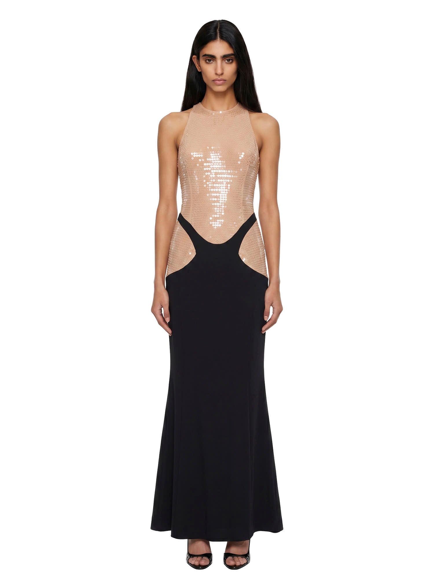 Abito maxi bicolore con paillettes in nero e beige Mugler - donna 