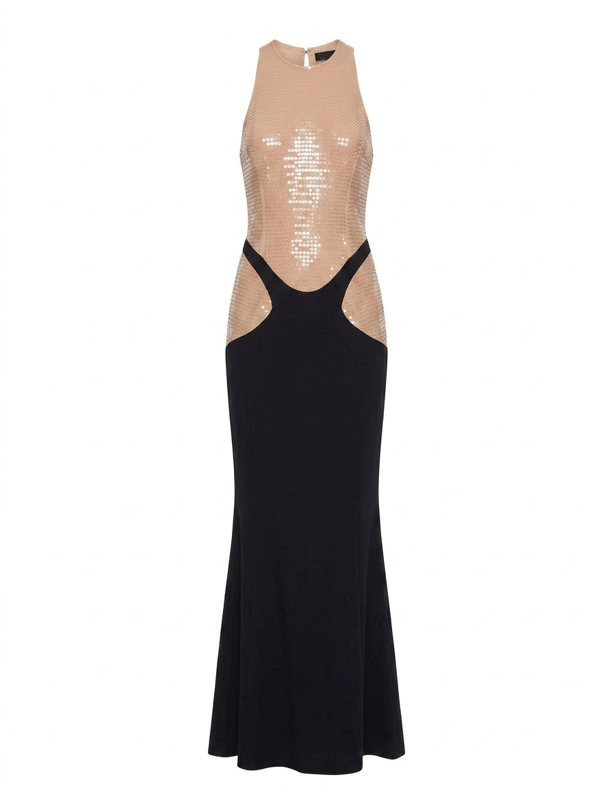 Abito maxi bicolore con paillettes in nero e beige Mugler - donna 
