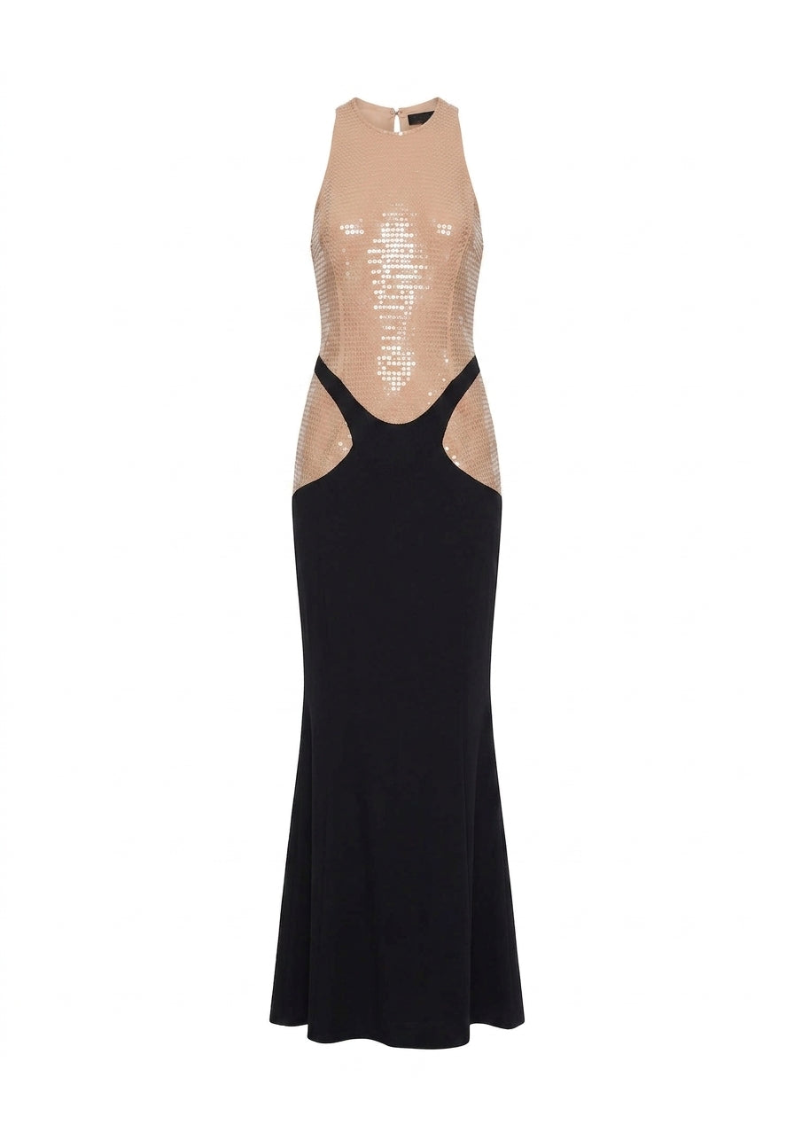 Abito maxi bicolore con paillettes in nero e beige Mugler - donna 
