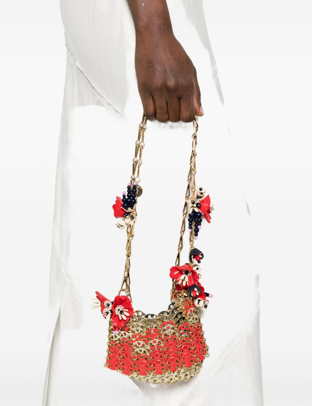 BORSA A SPALLA Nano bicolor 1969 con fiori in rosso e oro Rabanne - donna 