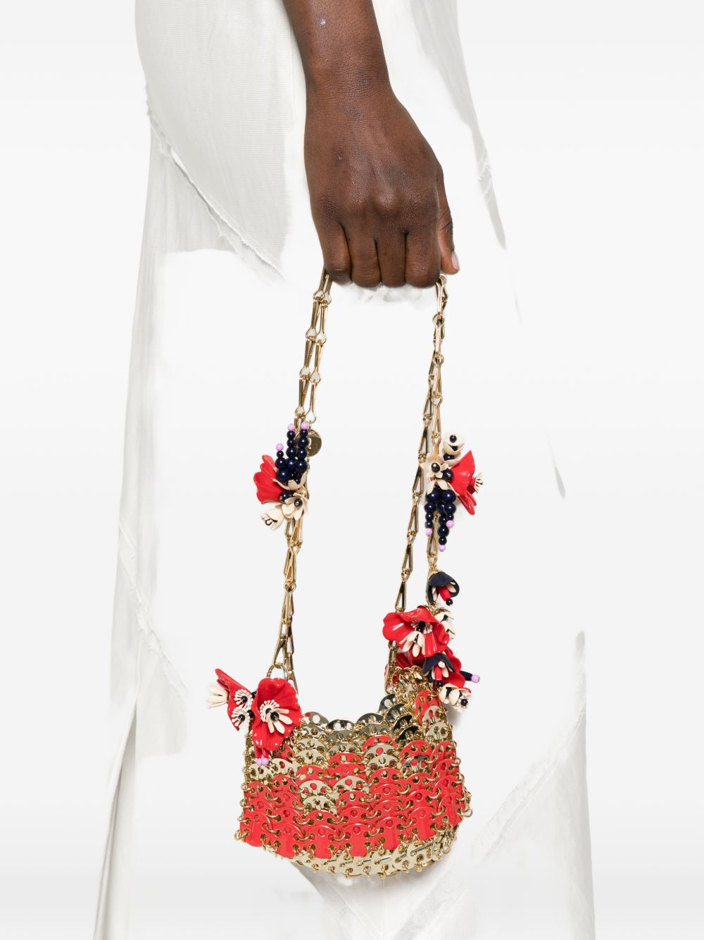 BORSA A SPALLA Nano bicolor 1969 con fiori in rosso e oro Rabanne - donna 