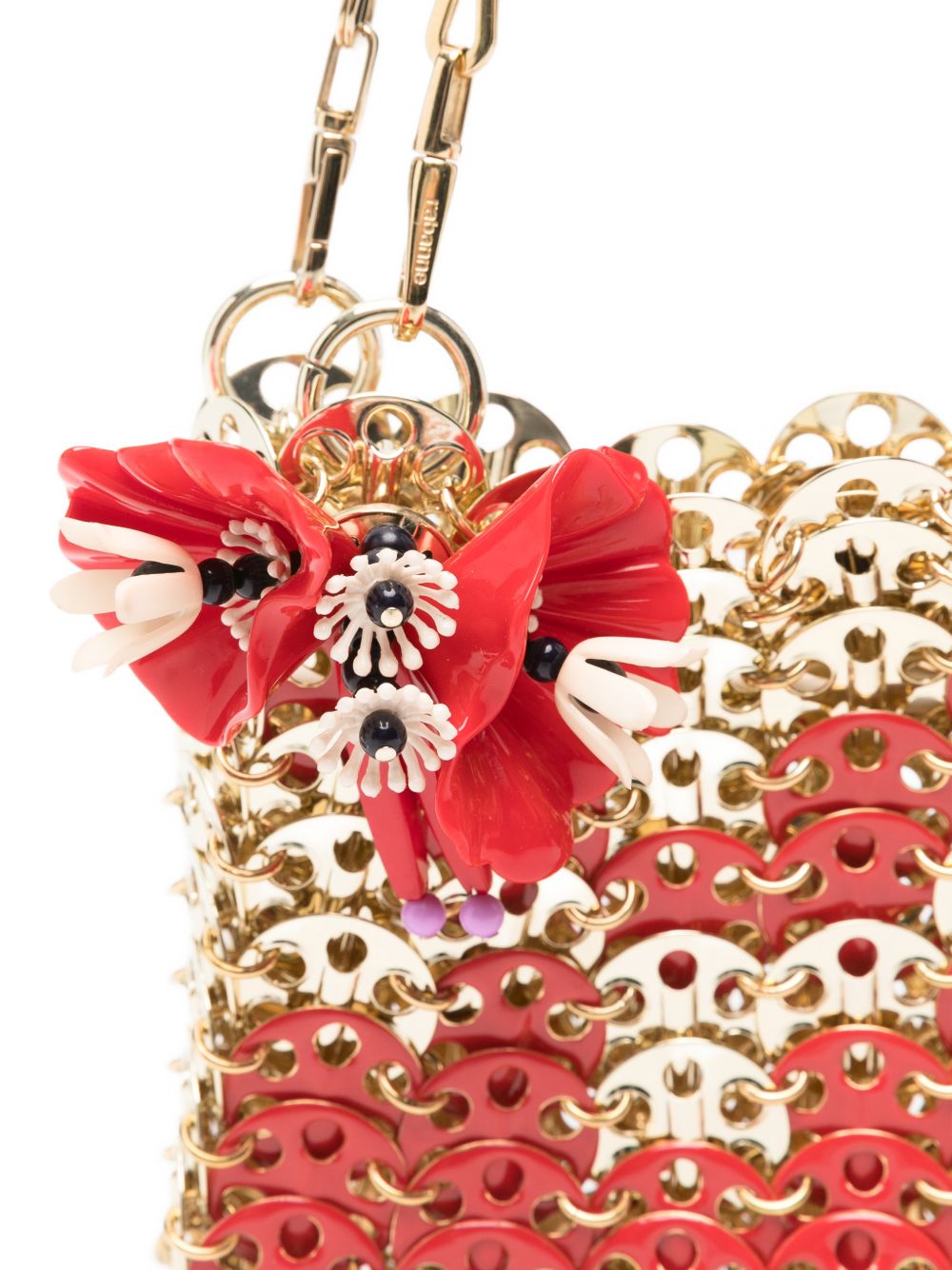 BORSA A SPALLA Nano bicolor 1969 con fiori in rosso e oro Rabanne - donna 